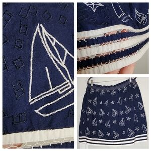 Anthropologie Embroidered Sailboat Star Pull-On Cotton Blue Skirt Pockets Large